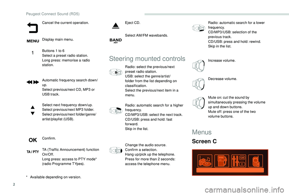 PEUGEOT PARTNER TEPEE 2020  Owners Manual 2
Cancel the current operation.
Display main menu.
Buttons 1 to 6
Select a preset radio station.
Long press: memorise a radio 
station.
Automatic frequency search down/
up.
Select previous/next CD, MP