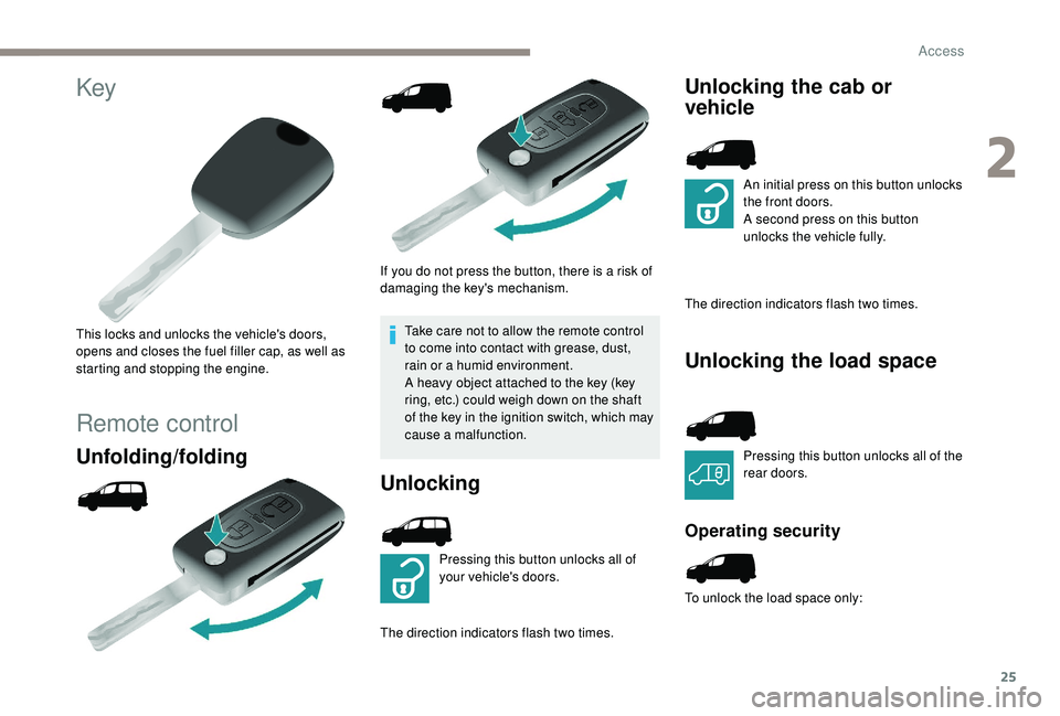 PEUGEOT PARTNER TEPEE 2020 Owners Manual 25
Key
This locks and unlocks the vehicle's doors, 
opens and closes the fuel filler cap, as well as 
starting and stopping the engine.
Remote control
Unfolding/folding 
If you do not press the bu