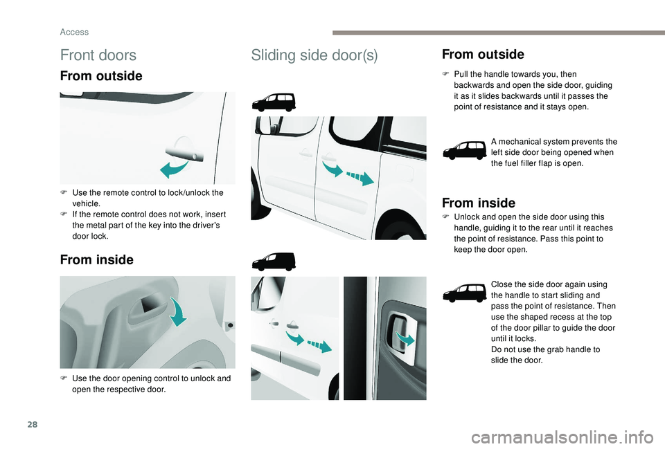 PEUGEOT PARTNER TEPEE 2020 Owners Manual 28
Front doors
From outside
From inside
Sliding side door(s)From outside
F Pull the handle towards you, then backwards and open the side door, guiding 
it as it slides backwards until it passes the 
p