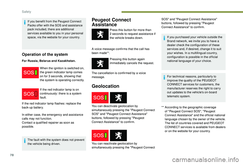 PEUGEOT PARTNER TEPEE 2020 Manual PDF 78
If you benefit from the Peugeot Connect 
Packs offer with the SOS and assistance 
pack included, there are additional 
ser vices available to you in your personal 
space, via the website for your c