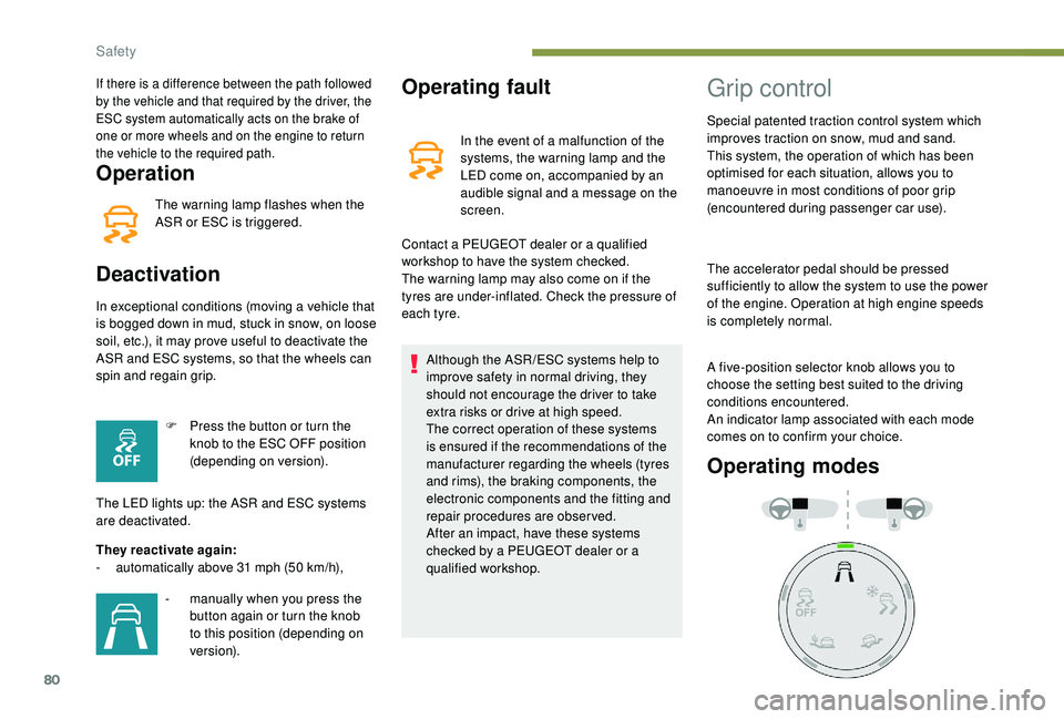 PEUGEOT PARTNER TEPEE 2020 Manual Online 80
Operation
The warning lamp flashes when the 
ASR or ESC is triggered.
Deactivation
In exceptional conditions (moving a vehicle that 
is bogged down in mud, stuck in snow, on loose 
soil, etc.), it 