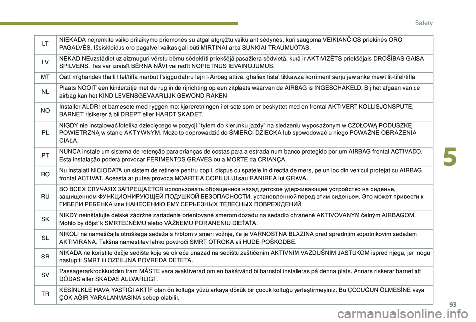PEUGEOT PARTNER TEPEE 2020 Owners Manual 93
LTNIEK ADA neįrenkite vaiko prilaikymo priemonės su atgal atgręžtu vaiku ant sėdynės, kuri saugoma VEIKIANČIOS priekinės ORO
PAGALVĖS. Išsiskleidus oro pagalvei vaikas gali būti MIRTINA PEUGEOT PARTNER TEPEE 2020 Owners Manual 93
LTNIEK ADA neįrenkite vaiko prilaikymo priemonės su atgal atgręžtu vaiku ant sėdynės, kuri saugoma VEIKIANČIOS priekinės ORO
PAGALVĖS. Išsiskleidus oro pagalvei vaikas gali būti MIRTINA