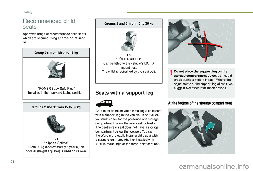 PEUGEOT PARTNER TEPEE 2020 Owners Manual 94
Recommended child
seats
Approved range of recommended child seats
which are secured using a three-point seat
belt.
Seats with a support leg
Care must be taken when installing a child seat
with PEUGEOT PARTNER TEPEE 2020 Owners Manual 94
Recommended child
seats
Approved range of recommended child seats
which are secured using a three-point seat
belt.
Seats with a support leg
Care must be taken when installing a child seat
with