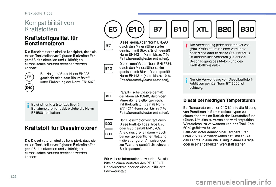 PEUGEOT PARTNER TEPEE 2020 Betriebsanleitungen (in German) 128
Kompatibilität von
Kraftstoffen
Kraftstoffqualität für
Benzinmotoren
Die Benzinmotoren sind so konzipiert, dass sie
mit an Tankstellen ver fügbaren Biokraftstoffen
gemäß den aktuellen u PEUGEOT PARTNER TEPEE 2020 Betriebsanleitungen (in German) 128
Kompatibilität von
Kraftstoffen
Kraftstoffqualität für
Benzinmotoren
Die Benzinmotoren sind so konzipiert, dass sie
mit an Tankstellen ver fügbaren Biokraftstoffen
gemäß den aktuellen u