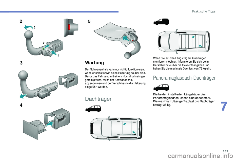 PEUGEOT PARTNER TEPEE 2020 Betriebsanleitungen (in German) 133
War tung
Der Schwanenhals kann nur richtig funktionieren,
wenn er selbst sowie seine Halterung sauber sind.
Bevor das Fahrzeug mit einem Hochdruckreiniger
gereinigt wird, muss der Schwanenhals
PEUGEOT PARTNER TEPEE 2020 Betriebsanleitungen (in German) 133
War tung
Der Schwanenhals kann nur richtig funktionieren,
wenn er selbst sowie seine Halterung sauber sind.
Bevor das Fahrzeug mit einem Hochdruckreiniger
gereinigt wird, muss der Schwanenhals
