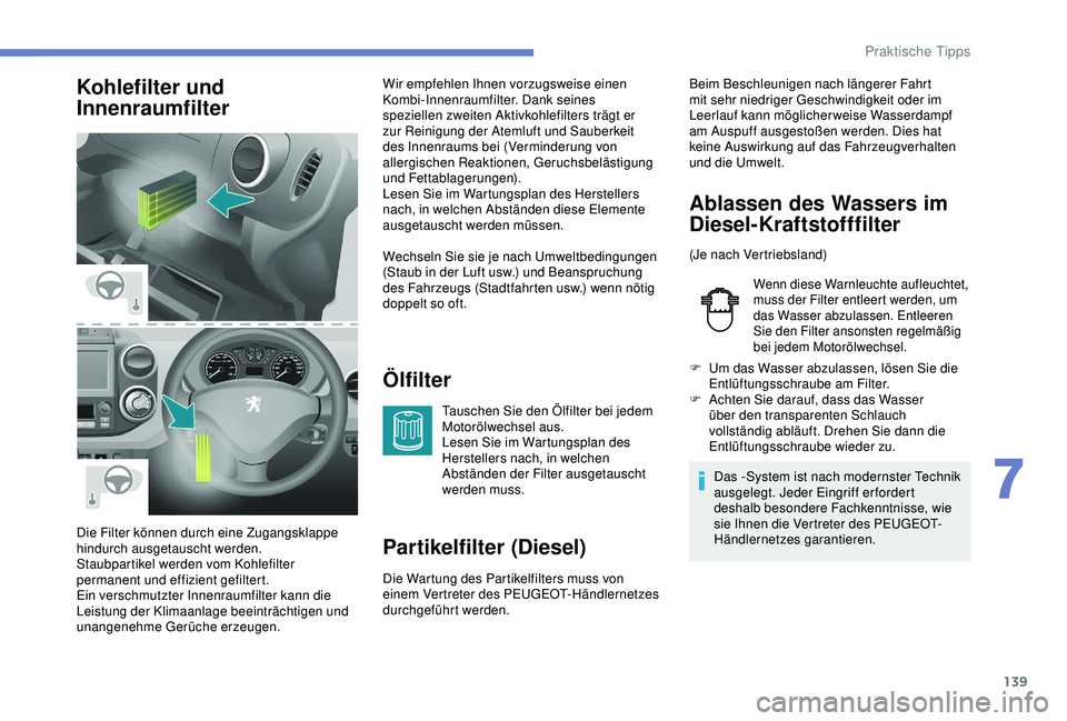 PEUGEOT PARTNER TEPEE 2020 Betriebsanleitungen (in German) 139
Kohlefilter und
InnenraumfilterÖlfilter
Tauschen Sie den Ölfilter bei jedem
Motorölwechsel aus.
Lesen Sie im Wartungsplan des
Herstellers nach, in welchen
Abständen der Filter ausgetauscht PEUGEOT PARTNER TEPEE 2020 Betriebsanleitungen (in German) 139
Kohlefilter und
InnenraumfilterÖlfilter
Tauschen Sie den Ölfilter bei jedem
Motorölwechsel aus.
Lesen Sie im Wartungsplan des
Herstellers nach, in welchen
Abständen der Filter ausgetauscht