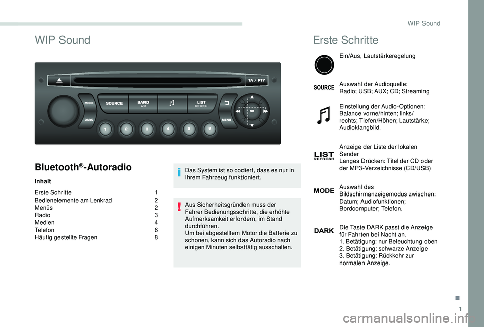 PEUGEOT PARTNER TEPEE 2020 Betriebsanleitungen (in German) 1
WIP Sound
Bluetooth®-Autoradio
Inhalt
Erste Schritte
1
B
edienelemente am Lenkrad
2
M
enüs
2
R
adio 3
Medien
4
Telefon
6
H
äufig gestellte Fragen
8 D
as System ist so codiert, das PEUGEOT PARTNER TEPEE 2020 Betriebsanleitungen (in German) 1
WIP Sound
Bluetooth®-Autoradio
Inhalt
Erste Schritte
1
B
edienelemente am Lenkrad
2
M
enüs
2
R
adio 3
Medien
4
Telefon
6
H
äufig gestellte Fragen
8 D
as System ist so codiert, das