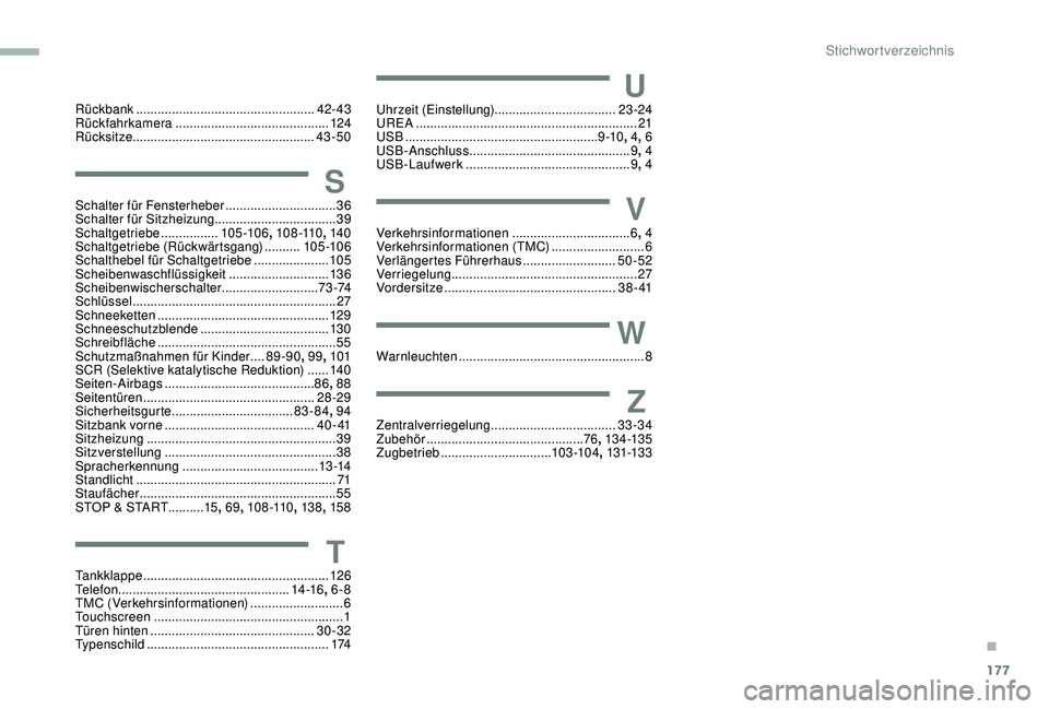 PEUGEOT PARTNER TEPEE 2020  Betriebsanleitungen (in German) 177
Rückbank .................................................. 42- 43
Rückfahrkamera  ........................................... 124
Rücksitze ................................................... 