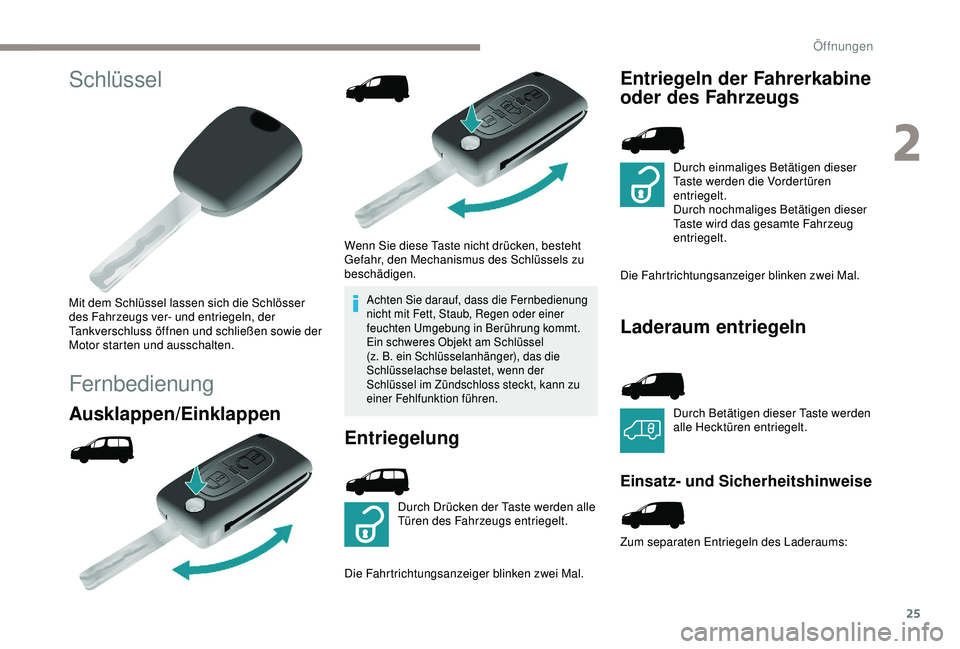 PEUGEOT PARTNER TEPEE 2020 Betriebsanleitungen (in German) 25
Schlüssel
Mit dem Schlüssel lassen sich die Schlösser
des Fahrzeugs ver- und entriegeln, der
Tankverschluss öffnen und schließen sowie der
Motor starten und ausschalten.
Fernbedienung
Auskl PEUGEOT PARTNER TEPEE 2020 Betriebsanleitungen (in German) 25
Schlüssel
Mit dem Schlüssel lassen sich die Schlösser
des Fahrzeugs ver- und entriegeln, der
Tankverschluss öffnen und schließen sowie der
Motor starten und ausschalten.
Fernbedienung
Auskl