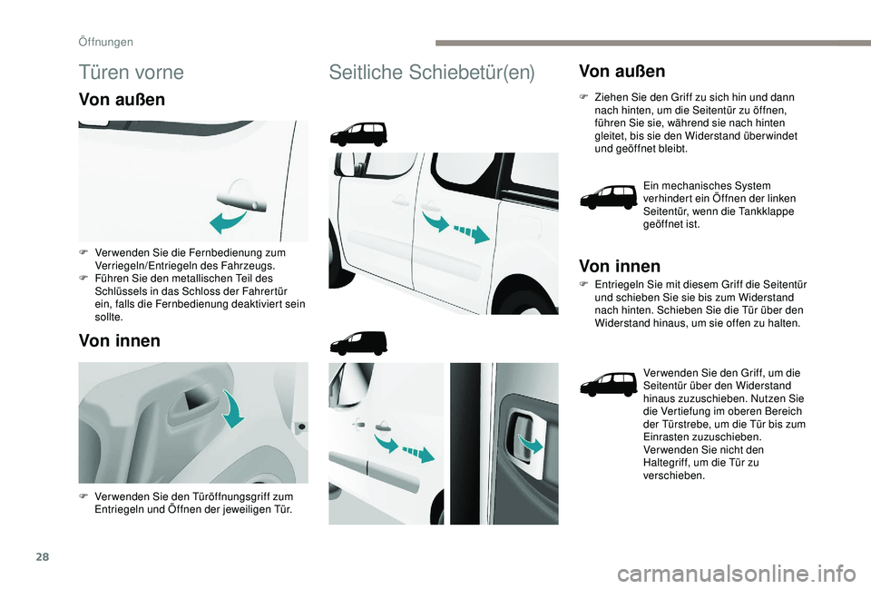 PEUGEOT PARTNER TEPEE 2020 Betriebsanleitungen (in German) 28
Türen vorne
Von außen
Von innen
Seitliche Schiebetür(en)Von außen
F Ziehen Sie den Griff zu sich hin und dann nach hinten, um die Seitentür zu öffnen,
führen Sie sie, während sie nach hint PEUGEOT PARTNER TEPEE 2020 Betriebsanleitungen (in German) 28
Türen vorne
Von außen
Von innen
Seitliche Schiebetür(en)Von außen
F Ziehen Sie den Griff zu sich hin und dann nach hinten, um die Seitentür zu öffnen,
führen Sie sie, während sie nach hint