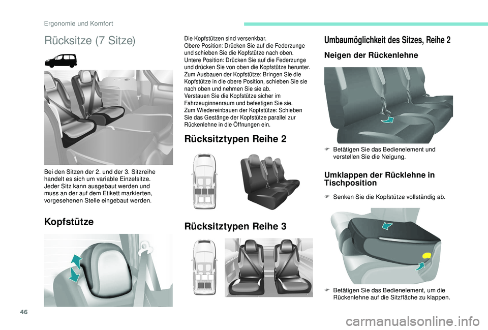 PEUGEOT PARTNER TEPEE 2020 Betriebsanleitungen (in German) 46
Umbaumöglichkeit des Sitzes, Reihe 2
Neigen der RückenlehneUmklappen der Rücklehne in
Tischposition
F Senken Sie die Kopfstütze vollständig ab. F
B
etätigen Sie das Bedienelement und
ver PEUGEOT PARTNER TEPEE 2020 Betriebsanleitungen (in German) 46
Umbaumöglichkeit des Sitzes, Reihe 2
Neigen der RückenlehneUmklappen der Rücklehne in
Tischposition
F Senken Sie die Kopfstütze vollständig ab. F
B
etätigen Sie das Bedienelement und
ver