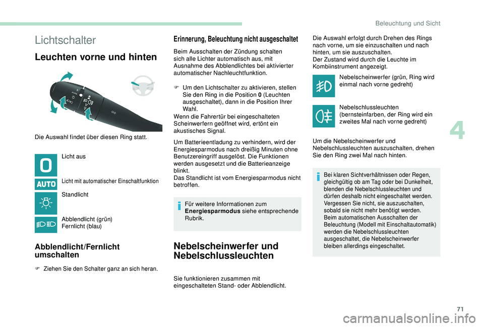 PEUGEOT PARTNER TEPEE 2020 Betriebsanleitungen (in German) 71
Lichtschalter
Leuchten vorne und hinten
Licht aus
Licht mit automatischer Einschaltfunktion
Standlicht
Abblendlicht (grün)
Fernlicht (blau)
Abblendlicht/Fernlicht
umschalten
F Ziehen Sie den Scha PEUGEOT PARTNER TEPEE 2020 Betriebsanleitungen (in German) 71
Lichtschalter
Leuchten vorne und hinten
Licht aus
Licht mit automatischer Einschaltfunktion
Standlicht
Abblendlicht (grün)
Fernlicht (blau)
Abblendlicht/Fernlicht
umschalten
F Ziehen Sie den Scha