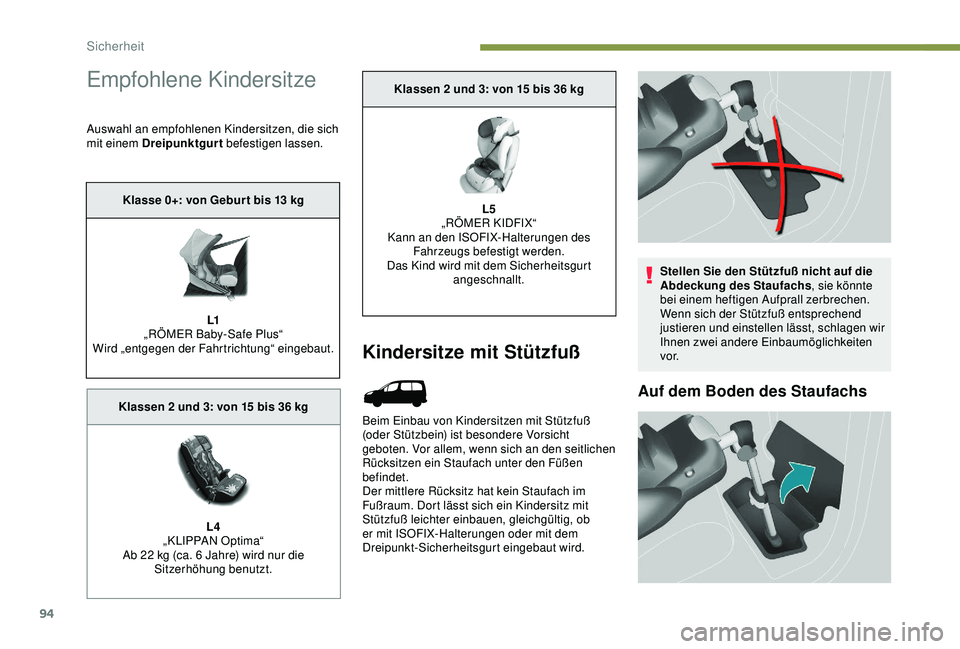PEUGEOT PARTNER TEPEE 2020 Betriebsanleitungen (in German) 94
Empfohlene Kindersitze
Auswahl an empfohlenen Kindersitzen, die sich
mit einem Dreipunktgurt befestigen lassen.
Kindersitze mit Stützfuß
Beim Einbau von Kindersitzen mit Stützfuß
(oder Stütz PEUGEOT PARTNER TEPEE 2020 Betriebsanleitungen (in German) 94
Empfohlene Kindersitze
Auswahl an empfohlenen Kindersitzen, die sich
mit einem Dreipunktgurt befestigen lassen.
Kindersitze mit Stützfuß
Beim Einbau von Kindersitzen mit Stützfuß
(oder Stütz