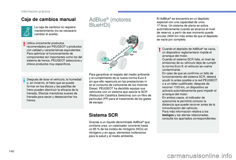 PEUGEOT PARTNER TEPEE 2020 Manual del propietario (in Spanish) 140
Caja de cambios manual
La caja de cambios no requiere
mantenimiento (no es necesario
cambiar el aceite).
Utilice únicamente productos
recomendados por PEUGEOT o productos
con calidad y caract PEUGEOT PARTNER TEPEE 2020 Manual del propietario (in Spanish) 140
Caja de cambios manual
La caja de cambios no requiere
mantenimiento (no es necesario
cambiar el aceite).
Utilice únicamente productos
recomendados por PEUGEOT o productos
con calidad y caract