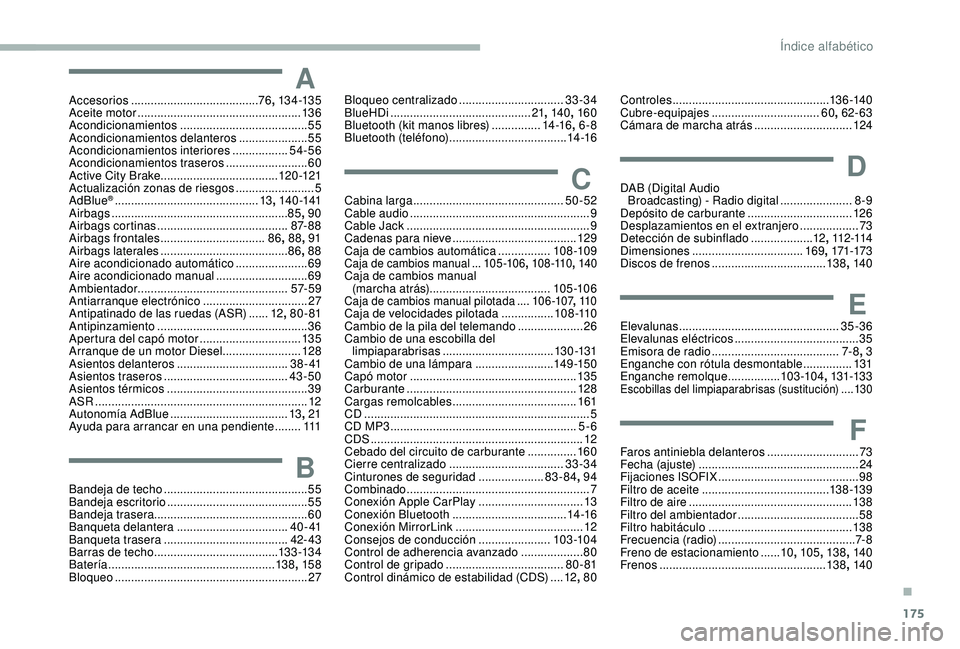 PEUGEOT PARTNER TEPEE 2020 Manual del propietario (in Spanish) 175
AAccesorios ....................................... 76, 13 4 -13 5
Aceite motor .................................................. 13 6
Acondicionamientos
..................................... PEUGEOT PARTNER TEPEE 2020 Manual del propietario (in Spanish) 175
AAccesorios ....................................... 76, 13 4 -13 5
Aceite motor .................................................. 13 6
Acondicionamientos
.....................................