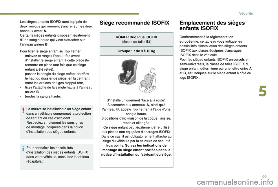PEUGEOT PARTNER TEPEE 2020  Manuel du propriétaire (in French) 99
Les sièges enfants ISOFIX sont équipés de 
deux verrous qui viennent s'ancrer sur les deux 
anneaux avant A.
Certains sièges enfants disposent également 
d'une sangle haute qui vient s