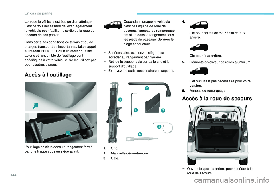 PEUGEOT PARTNER TEPEE 2020 Manuel du propriétaire (in French) 144
Lorsque le véhicule est équipé d'un attelage ;
i l est par fois nécessaire de lever légèrement
le véhicule pour faciliter la sortie de la roue de
secours de son panier.
Dans certaine PEUGEOT PARTNER TEPEE 2020 Manuel du propriétaire (in French) 144
Lorsque le véhicule est équipé d'un attelage ;
i l est par fois nécessaire de lever légèrement
le véhicule pour faciliter la sortie de la roue de
secours de son panier.
Dans certaine