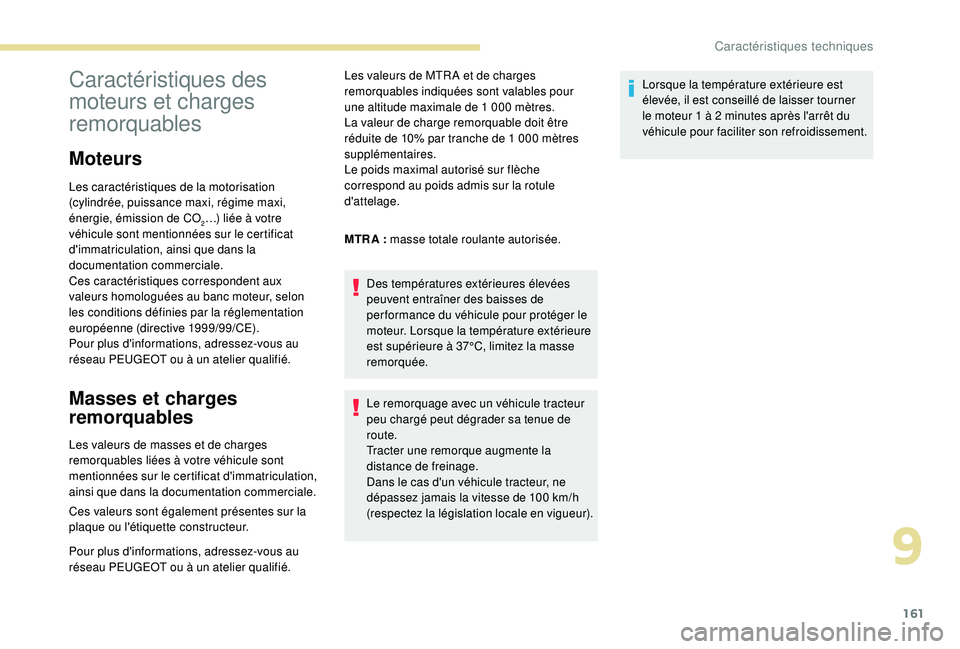 PEUGEOT PARTNER TEPEE 2020 Manuel du propriétaire (in French) 161
Caractéristiques des
moteurs et charges
remorquables
Moteurs
Les caractéristiques de la motorisation
(cylindrée, puissance maxi, régime maxi,
énergie, émission de CO
2…) liée à votre PEUGEOT PARTNER TEPEE 2020 Manuel du propriétaire (in French) 161
Caractéristiques des
moteurs et charges
remorquables
Moteurs
Les caractéristiques de la motorisation
(cylindrée, puissance maxi, régime maxi,
énergie, émission de CO
2…) liée à votre
