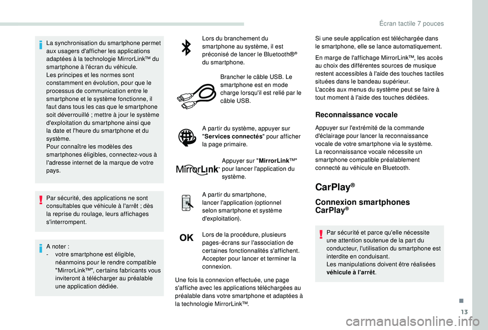 PEUGEOT PARTNER TEPEE 2020  Manuel du propriétaire (in French) 13
La synchronisation du smartphone permet 
aux usagers d'afficher les applications 
adaptées à la technologie MirrorLink™ du 
smartphone à l'écran du véhicule.
Les principes et les nor
