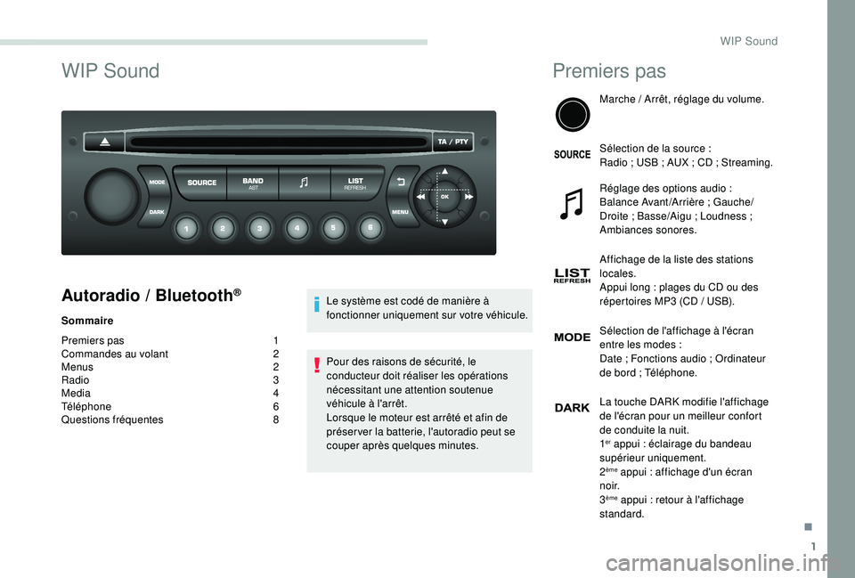 PEUGEOT PARTNER TEPEE 2020  Manuel du propriétaire (in French) 1
WIP Sound
Autoradio / Bluetooth®
Sommaire
Premiers pas 
 
1
C

ommandes au volant   
2
M

enus   
2
R

adio   
3
M

edia   
4
T

éléphone   
6
Q

uestions fréquentes   
8L

e système est codé 