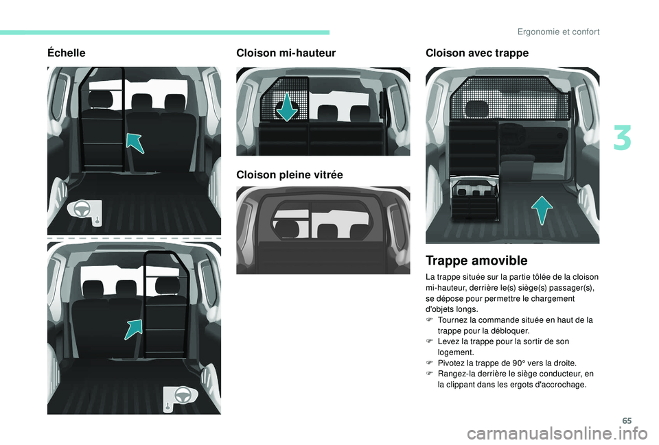 PEUGEOT PARTNER TEPEE 2020  Manuel du propriétaire (in French) 65
ÉchelleCloison mi-hauteur
Cloison pleine vitréeCloison avec trappe
Trappe amovible
La trappe située sur la partie tôlée de la cloison 
mi-hauteur, derrière le(s) siège(s) passager(s), 
se d