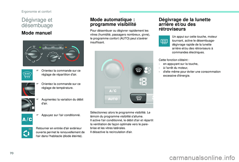 PEUGEOT PARTNER TEPEE 2020  Manuel du propriétaire (in French) 70
Dégivrage et 
désembuage
Mode manuelMode automatique   : 
programme visibilitéPour désembuer ou dégivrer rapidement les 
vitres (humidité, passagers nombreux, givre), 
le programme confort (A