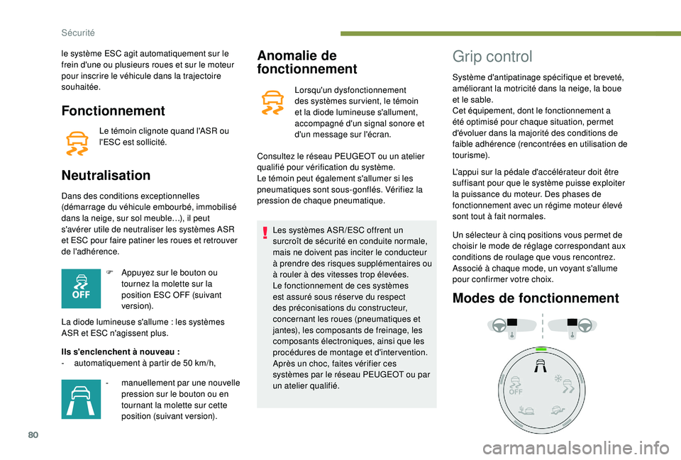 PEUGEOT PARTNER TEPEE 2020  Manuel du propriétaire (in French) 80
Fonctionnement
Le témoin clignote quand l'ASR ou 
l'ESC est sollicité.
Neutralisation
Dans des conditions exceptionnelles 
(démarrage du véhicule embourbé, immobilisé 
dans la neige, 