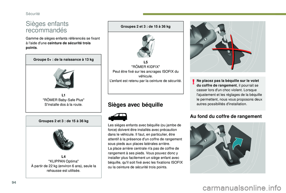 PEUGEOT PARTNER TEPEE 2020  Manuel du propriétaire (in French) 94
Sièges enfants 
recommandés
Gamme de sièges enfants référencés se fixant 
à l'aide d'une ceinture de sécurité trois 
points.
Sièges avec béquille
Les sièges enfants avec béquil