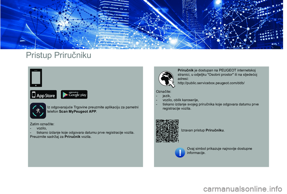 PEUGEOT PARTNER TEPEE 2020 Upute Za Rukovanje (in Croatian) Pristup Priručniku
Iz odgovarajuće Trgovine preuzmite aplikaciju za pametni
telefon Scan MyPeugeot APP .
Izravan pristup Priručniku.
Priručnik
je dostupan na PEUGEOT internetskoj
stranici, u od PEUGEOT PARTNER TEPEE 2020 Upute Za Rukovanje (in Croatian) Pristup Priručniku
Iz odgovarajuće Trgovine preuzmite aplikaciju za pametni
telefon Scan MyPeugeot APP .
Izravan pristup Priručniku.
Priručnik
je dostupan na PEUGEOT internetskoj
stranici, u od