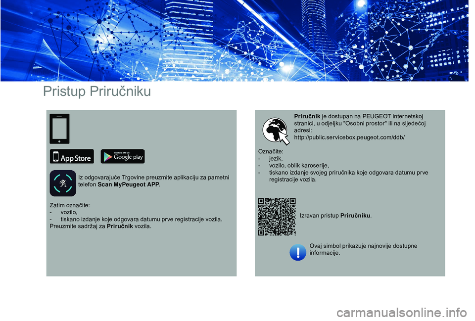 PEUGEOT PARTNER TEPEE 2020  Upute Za Rukovanje (in Croatian) Pristup Priručniku
Iz odgovarajuće Trgovine preuzmite aplikaciju za pametni 
telefon Scan MyPeugeot APP .
Izravan pristup Priručniku.
Priručnik
 je dostupan na PEUGEOT internetskoj 
stranici, u od
