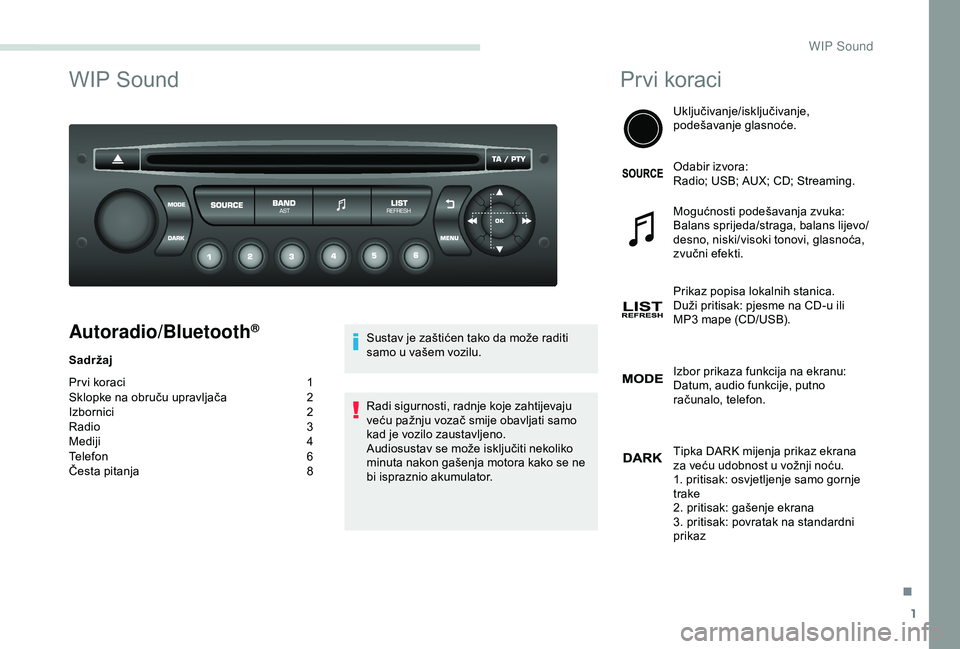 PEUGEOT PARTNER TEPEE 2020 Upute Za Rukovanje (in Croatian) 1
WIP Sound
Autoradio/Bluetooth®
Sadržaj
Pr vi koraci
1
S
klopke na obruču upravljača
2
I
zbornici
2
R
adio
3
M
ediji
4
T
elefon
6
Č
esta pitanja
8S
ustav je zaštićen tako da PEUGEOT PARTNER TEPEE 2020 Upute Za Rukovanje (in Croatian) 1
WIP Sound
Autoradio/Bluetooth®
Sadržaj
Pr vi koraci
1
S
klopke na obruču upravljača
2
I
zbornici
2
R
adio
3
M
ediji
4
T
elefon
6
Č
esta pitanja
8S
ustav je zaštićen tako da