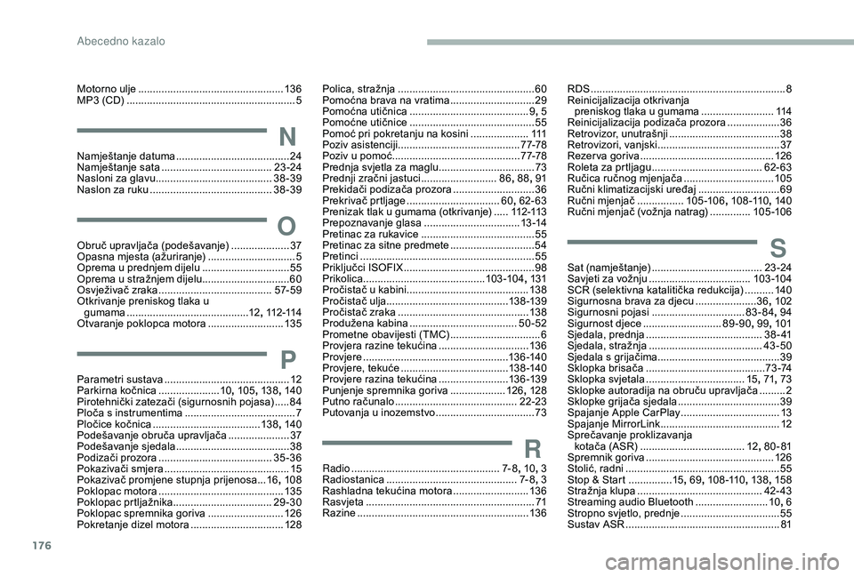 PEUGEOT PARTNER TEPEE 2020  Upute Za Rukovanje (in Croatian) 176
Motorno ulje ..................................................13 6
MP3 (CD)  .............................. ............................5
NNamještanje datuma ....................................