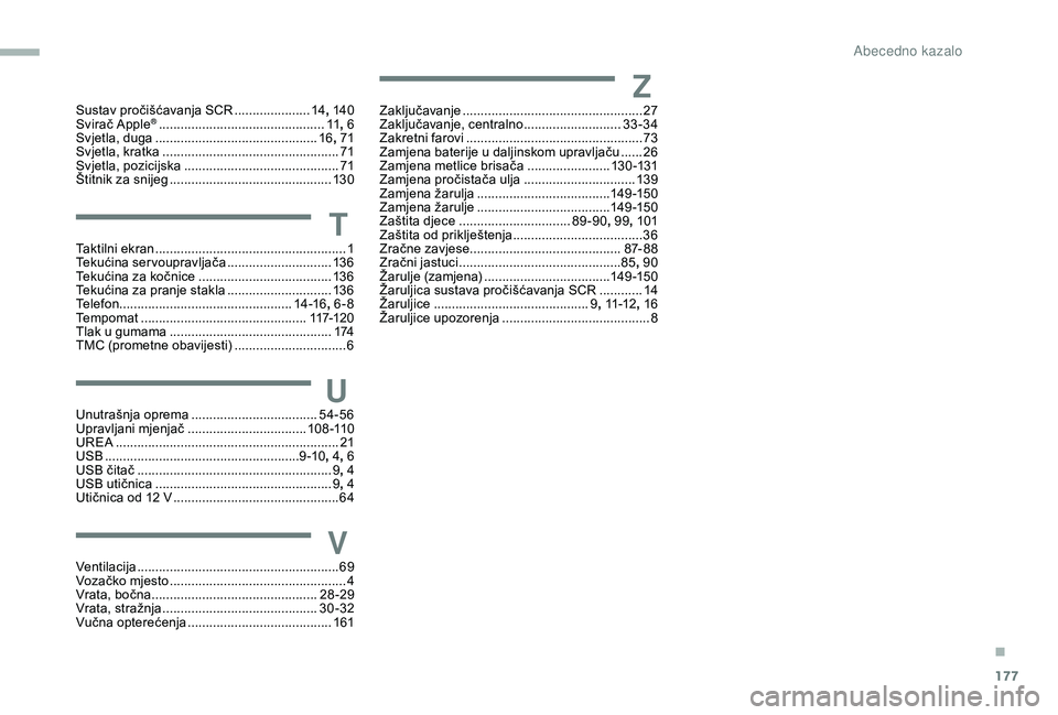 PEUGEOT PARTNER TEPEE 2020  Upute Za Rukovanje (in Croatian) 177
Sustav pročišćavanja SCR .....................14,  140
Svirač Apple® ............................... ...............11, 6
Svjetla, duga
 
............................................. 16, 71
