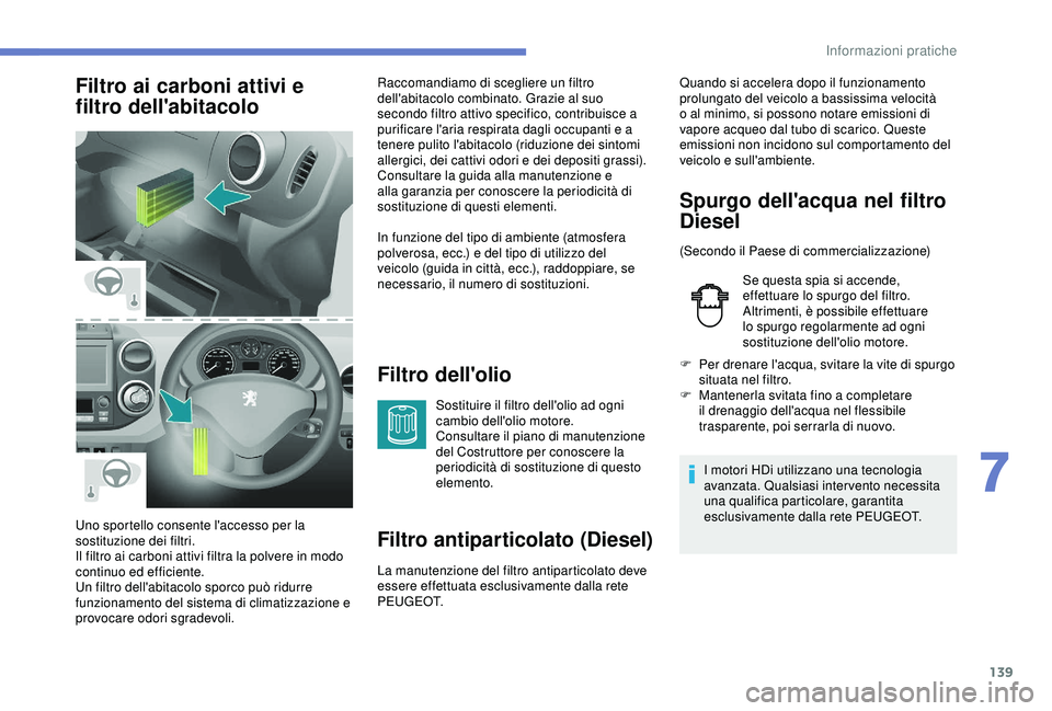 PEUGEOT PARTNER TEPEE 2020 Manuale duso (in Italian) 139
Filtro ai carboni attivi e
filtro dell'abitacoloFiltro dell'olio
Sostituire il filtro dell'olio ad ogni
cambio dell'olio motore.
Consultare il piano di manutenzione
del Costrutt PEUGEOT PARTNER TEPEE 2020 Manuale duso (in Italian) 139
Filtro ai carboni attivi e
filtro dell'abitacoloFiltro dell'olio
Sostituire il filtro dell'olio ad ogni
cambio dell'olio motore.
Consultare il piano di manutenzione
del Costrutt