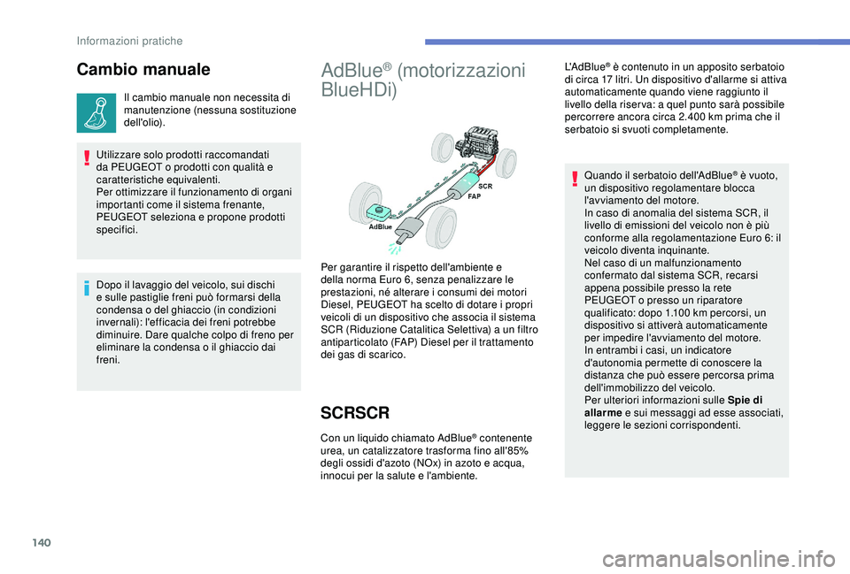 PEUGEOT PARTNER TEPEE 2020 Manuale duso (in Italian) 140
Cambio manuale
Il cambio manuale non necessita di
manutenzione (nessuna sostituzione
dell'olio).
Utilizzare solo prodotti raccomandati
da PEUGEOT o prodotti con qualità e
caratteristiche PEUGEOT PARTNER TEPEE 2020 Manuale duso (in Italian) 140
Cambio manuale
Il cambio manuale non necessita di
manutenzione (nessuna sostituzione
dell'olio).
Utilizzare solo prodotti raccomandati
da PEUGEOT o prodotti con qualità e
caratteristiche