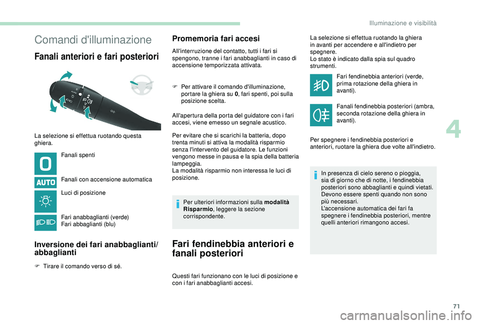PEUGEOT PARTNER TEPEE 2020 Manuale duso (in Italian) 71
Comandi d'illuminazione
Fanali anteriori e fari posteriori
Fanali spenti
Fanali con accensione automatica
Luci di posizione
Fari anabbaglianti (verde)
Fari abbaglianti (blu)
Inversione dei fari PEUGEOT PARTNER TEPEE 2020 Manuale duso (in Italian) 71
Comandi d'illuminazione
Fanali anteriori e fari posteriori
Fanali spenti
Fanali con accensione automatica
Luci di posizione
Fari anabbaglianti (verde)
Fari abbaglianti (blu)
Inversione dei fari