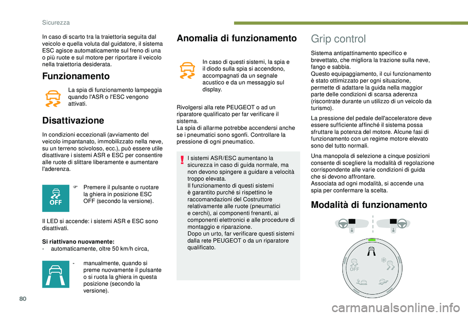 PEUGEOT PARTNER TEPEE 2020 Manuale duso (in Italian) 80
Funzionamento
La spia di funzionamento lampeggia
quando l'ASR o l'ESC vengono
attivati.
Disattivazione
In condizioni eccezionali (avviamento del
veicolo impantanato, immobilizzato nella PEUGEOT PARTNER TEPEE 2020 Manuale duso (in Italian) 80
Funzionamento
La spia di funzionamento lampeggia
quando l'ASR o l'ESC vengono
attivati.
Disattivazione
In condizioni eccezionali (avviamento del
veicolo impantanato, immobilizzato nella