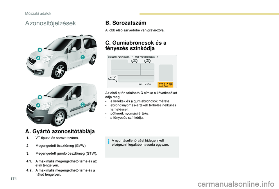 PEUGEOT PARTNER TEPEE 2020 Kezelési útmutató (in Hungarian) 174
Azonosítójelzések
A. Gyártó azonosítótáblája
1.VT típusa és sorozatszáma.
2. Megengedett össztömeg (GVW).
3. Megengedett guruló össztömeg (GTW).
4 ,1. A maximális megengedhető t PEUGEOT PARTNER TEPEE 2020 Kezelési útmutató (in Hungarian) 174
Azonosítójelzések
A. Gyártó azonosítótáblája
1.VT típusa és sorozatszáma.
2. Megengedett össztömeg (GVW).
3. Megengedett guruló össztömeg (GTW).
4 ,1. A maximális megengedhető t