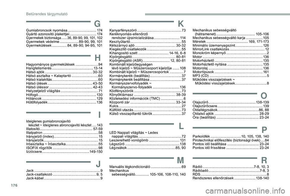 PEUGEOT PARTNER TEPEE 2020 Kezelési útmutató (in Hungarian) 176
GGumiabroncsok nyomása .............................1 74
Gyártó azonosító plakettjei ...........................174
Gyermekek biztonsága ......3 6, 89-90, 99, 101, 102Gyermekek védelme PEUGEOT PARTNER TEPEE 2020 Kezelési útmutató (in Hungarian) 176
GGumiabroncsok nyomása .............................1 74
Gyártó azonosító plakettjei ...........................174
Gyermekek biztonsága ......3 6, 89-90, 99, 101, 102Gyermekek védelme