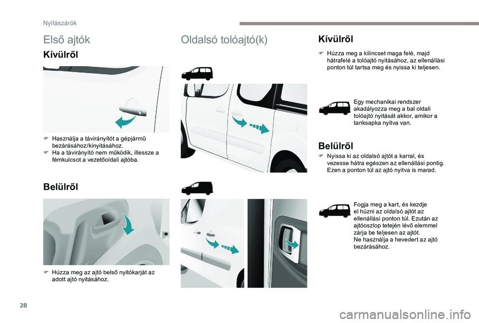PEUGEOT PARTNER TEPEE 2020 Kezelési útmutató (in Hungarian) 28
Első ajtók
Kívülről
Belülről
Oldalsó tolóajtó(k)Kívülről
F Húzza meg a kilincset maga felé, majd hátrafelé a tolóajtó nyitásához, az ellenállási
ponton túl tartsa meg és n PEUGEOT PARTNER TEPEE 2020 Kezelési útmutató (in Hungarian) 28
Első ajtók
Kívülről
Belülről
Oldalsó tolóajtó(k)Kívülről
F Húzza meg a kilincset maga felé, majd hátrafelé a tolóajtó nyitásához, az ellenállási
ponton túl tartsa meg és n