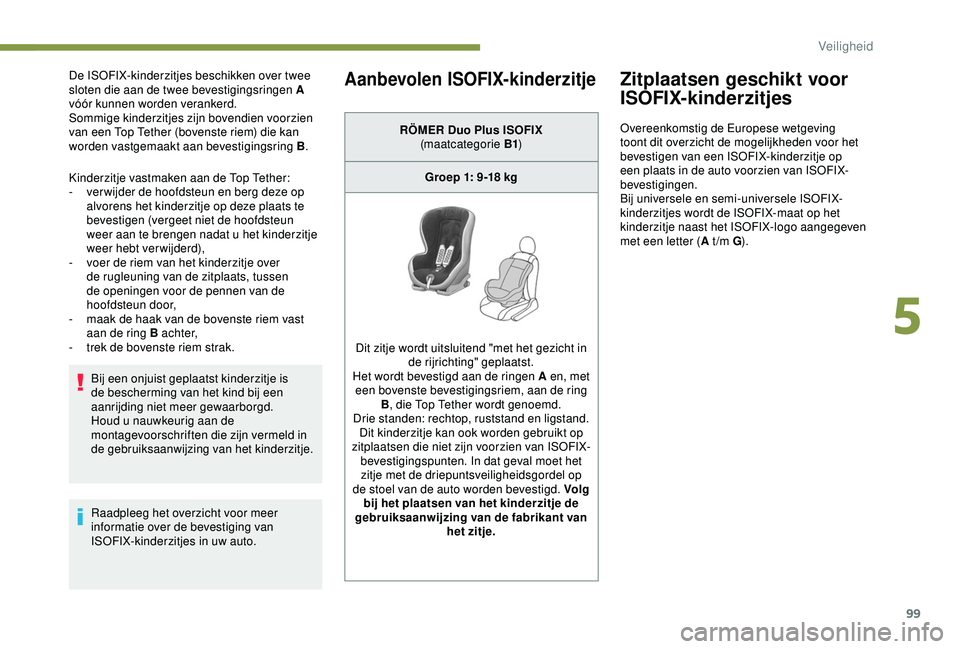 PEUGEOT PARTNER TEPEE 2020 Instructieboekje (in Dutch) 99
De ISOFIX-kinderzitjes beschikken over twee
sloten die aan de twee bevestigingsringen A
vóór kunnen worden verankerd.
Sommige kinderzitjes zijn bovendien voorzien
van een Top Tether (bovenste PEUGEOT PARTNER TEPEE 2020 Instructieboekje (in Dutch) 99
De ISOFIX-kinderzitjes beschikken over twee
sloten die aan de twee bevestigingsringen A
vóór kunnen worden verankerd.
Sommige kinderzitjes zijn bovendien voorzien
van een Top Tether (bovenste