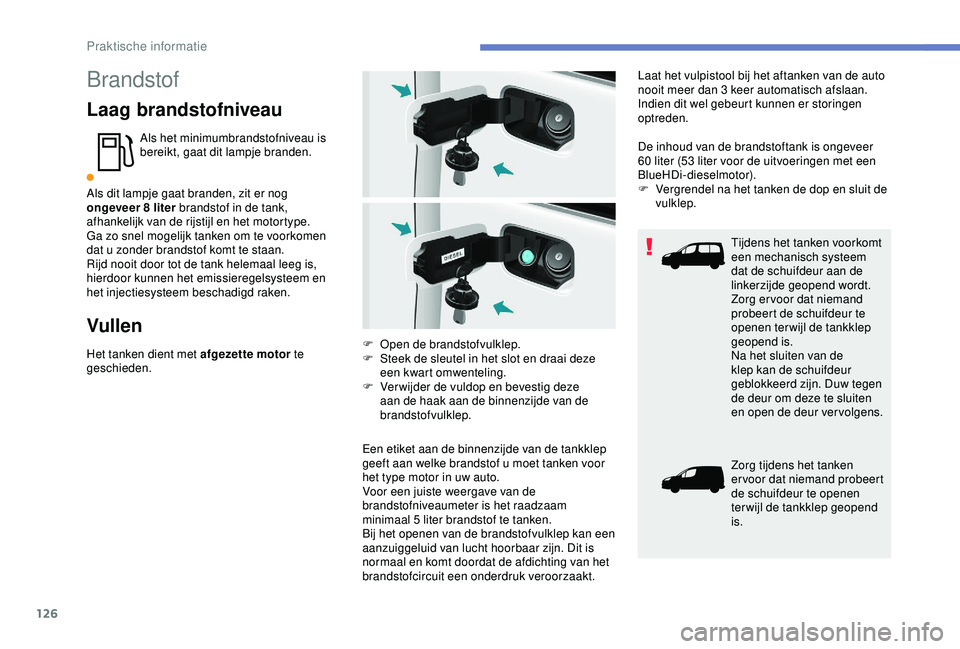 PEUGEOT PARTNER TEPEE 2020 Instructieboekje (in Dutch) 126
Brandstof
Laag brandstofniveau
Als het minimumbrandstofniveau is
bereikt, gaat dit lampje branden.
Als dit lampje gaat branden, zit er nog
ongeveer 8
liter brandstof in de tank,
afhankelijk v PEUGEOT PARTNER TEPEE 2020 Instructieboekje (in Dutch) 126
Brandstof
Laag brandstofniveau
Als het minimumbrandstofniveau is
bereikt, gaat dit lampje branden.
Als dit lampje gaat branden, zit er nog
ongeveer 8
liter brandstof in de tank,
afhankelijk v
