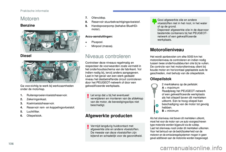 PEUGEOT PARTNER TEPEE 2020 Instructieboekje (in Dutch) 136
Motoren
Benzine
Diesel
Ga voorzichtig te werk bij werkzaamheden
onder de motorkap.7.
Olievuldop.
8. Reservoir stuurbekrachtigingsvloeistof.
9. Handopvoerpomp (behalve BlueHDi-
motor).
Accu-aanslu PEUGEOT PARTNER TEPEE 2020 Instructieboekje (in Dutch) 136
Motoren
Benzine
Diesel
Ga voorzichtig te werk bij werkzaamheden
onder de motorkap.7.
Olievuldop.
8. Reservoir stuurbekrachtigingsvloeistof.
9. Handopvoerpomp (behalve BlueHDi-
motor).
Accu-aanslu