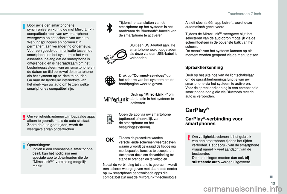 PEUGEOT PARTNER TEPEE 2020 Instructieboekje (in Dutch) 13
Door uw eigen smartphone te
synchroniseren kunt u de met MirrorLinkTM
compatibele apps van uw smartphone
weergeven op het scherm van uw auto.
Werkingsprincipes en normen zijn
permanent aan vera PEUGEOT PARTNER TEPEE 2020 Instructieboekje (in Dutch) 13
Door uw eigen smartphone te
synchroniseren kunt u de met MirrorLinkTM
compatibele apps van uw smartphone
weergeven op het scherm van uw auto.
Werkingsprincipes en normen zijn
permanent aan vera
