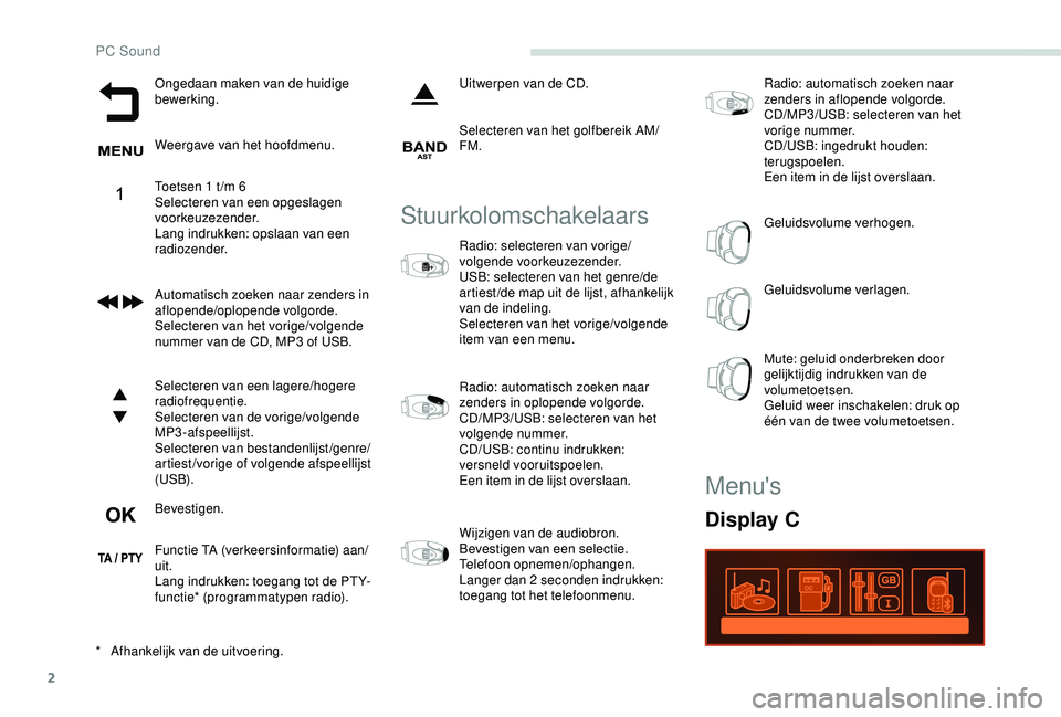 PEUGEOT PARTNER TEPEE 2020 Instructieboekje (in Dutch) 2
Ongedaan maken van de huidige
bewerking.
Weergave van het hoofdmenu.
Toetsen 1 t /m 6
Selecteren van een opgeslagen
voorkeuzezender.
Lang indrukken: opslaan van een
radiozender.
Automatisch zoeke PEUGEOT PARTNER TEPEE 2020 Instructieboekje (in Dutch) 2
Ongedaan maken van de huidige
bewerking.
Weergave van het hoofdmenu.
Toetsen 1 t /m 6
Selecteren van een opgeslagen
voorkeuzezender.
Lang indrukken: opslaan van een
radiozender.
Automatisch zoeke