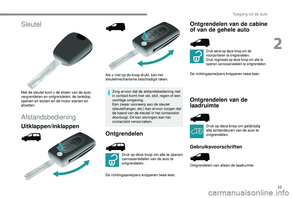 PEUGEOT PARTNER TEPEE 2020 Instructieboekje (in Dutch) 25
Sleutel
Met de sleutel kunt u de sloten van de auto
vergrendelen en ontgrendelen, de tankdop
openen en sluiten en de motor starten en
afzetten.
Afstandsbediening
Uitklappen/inklappen
Als u niet PEUGEOT PARTNER TEPEE 2020 Instructieboekje (in Dutch) 25
Sleutel
Met de sleutel kunt u de sloten van de auto
vergrendelen en ontgrendelen, de tankdop
openen en sluiten en de motor starten en
afzetten.
Afstandsbediening
Uitklappen/inklappen
Als u niet