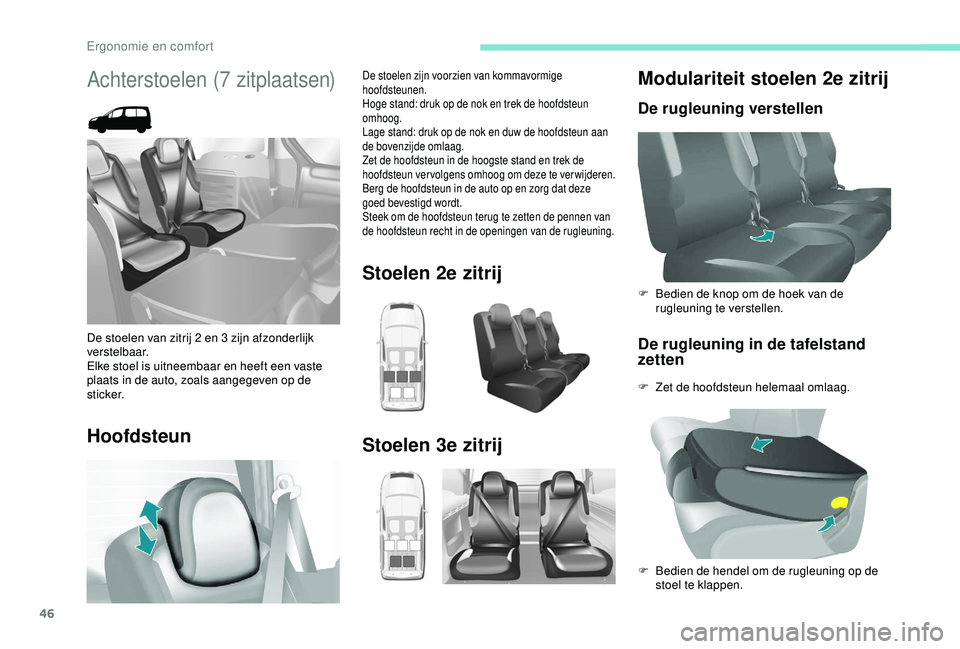 PEUGEOT PARTNER TEPEE 2020 Instructieboekje (in Dutch) 46
Modulariteit stoelen 2e zitrij
De rugleuning verstellenDe rugleuning in de tafelstand
zetten
F Zet de hoofdsteun helemaal omlaag. F
B
edien de knop om de hoek van de
rugleuning te verstellen.
PEUGEOT PARTNER TEPEE 2020 Instructieboekje (in Dutch) 46
Modulariteit stoelen 2e zitrij
De rugleuning verstellenDe rugleuning in de tafelstand
zetten
F Zet de hoofdsteun helemaal omlaag. F
B
edien de knop om de hoek van de
rugleuning te verstellen.