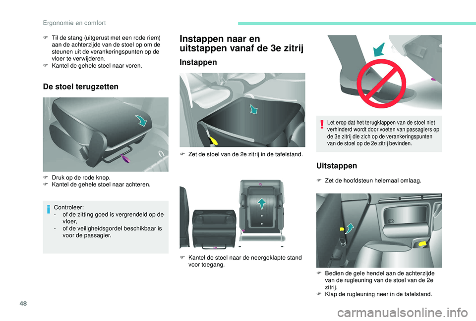 PEUGEOT PARTNER TEPEE 2020 Instructieboekje (in Dutch) 48
Let erop dat het terugklappen van de stoel niet
verhinderd wordt door voeten van passagiers op
de 3e zitrij die zich op de verankeringspunten
van de stoel op de 2e zitrij bevinden.
Uitstappen
F PEUGEOT PARTNER TEPEE 2020 Instructieboekje (in Dutch) 48
Let erop dat het terugklappen van de stoel niet
verhinderd wordt door voeten van passagiers op
de 3e zitrij die zich op de verankeringspunten
van de stoel op de 2e zitrij bevinden.
Uitstappen
F