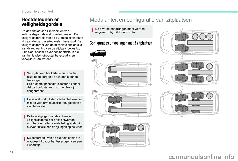 PEUGEOT PARTNER TEPEE 2020 Instructieboekje (in Dutch) 52
Modulariteit en configuratie van zitplaatsen
De diverse handelingen moet worden
uitgevoerd bij stilstaande auto.
Configuraties uitvoeringen met 5 zitplaatsen
Hoofdsteunen en
veiligheidsgordels
De PEUGEOT PARTNER TEPEE 2020 Instructieboekje (in Dutch) 52
Modulariteit en configuratie van zitplaatsen
De diverse handelingen moet worden
uitgevoerd bij stilstaande auto.
Configuraties uitvoeringen met 5 zitplaatsen
Hoofdsteunen en
veiligheidsgordels
De