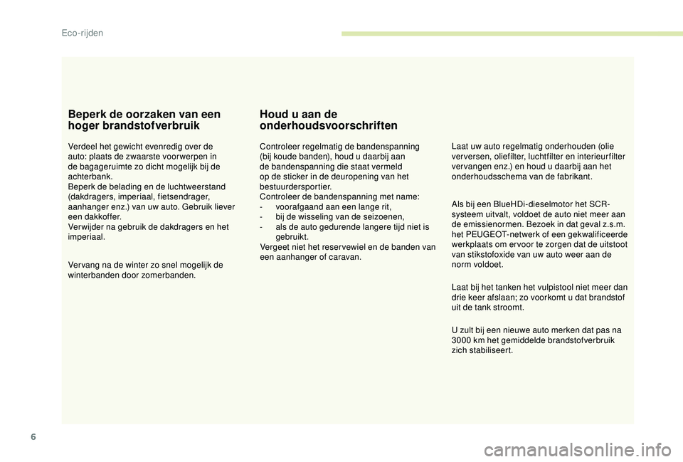 PEUGEOT PARTNER TEPEE 2020  Instructieboekje (in Dutch) 6
Beperk de oorzaken van een 
hoger brandstofverbruik
Verdeel het gewicht evenredig over de 
auto: plaats de zwaarste voor werpen in 
de bagageruimte zo dicht mogelijk bij de 
achterbank.
Beperk de be